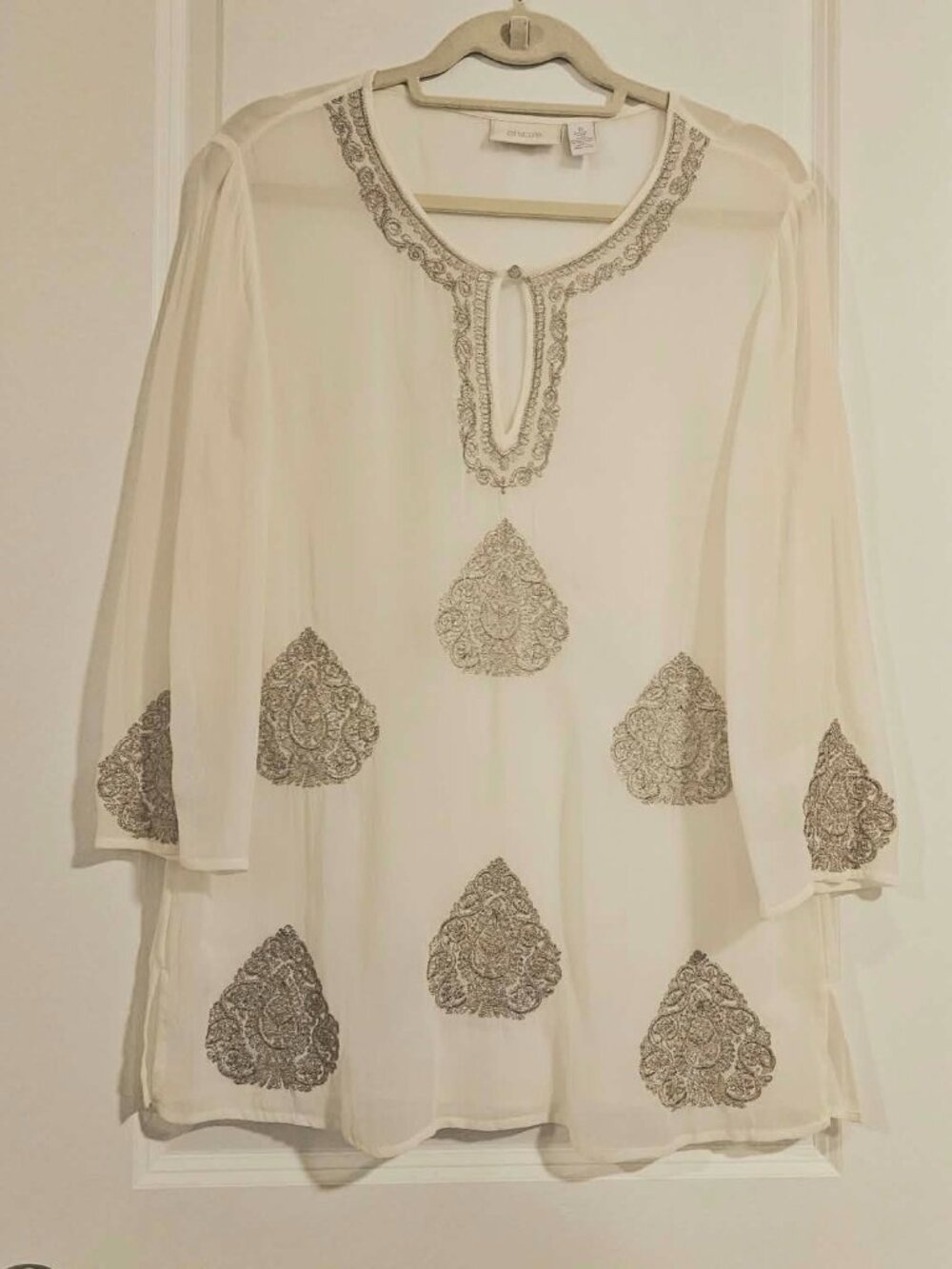 Chico’s Ivory Embellished Tunic Top Metallic Embroidery Sheer Size 0/S 4-6